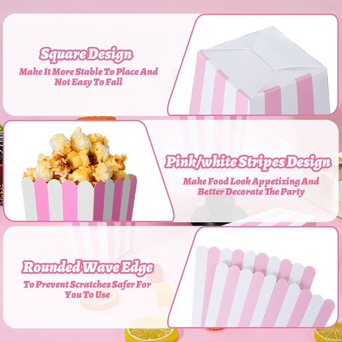 Mabor 30Pcs Pink Popcorn Boxes, Mini Paper Popcorn Bags for Party, Small Puffed Rice Buckets, Pink and White Striped Puff Rice Bags Container Holder for Birthday Party Favor Movie Night Supplies in Saudi Arabia