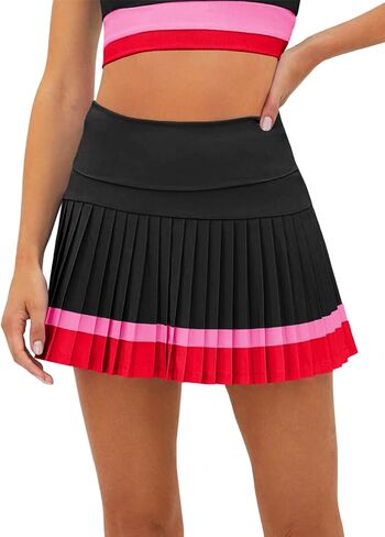 Fisoew Women's High Waisted Tennis Skirts Color Block Pleated Athletic Golf Skorts with Built in Shorts in Kuwait