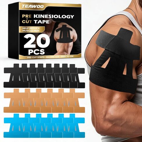TEAWOO PreCut Kinesiology Tape for Shoulder (20 Pcs) – Waterproof Breathable Athleti, Enhanced Adhesion & Elasticity, Shoulder Pain Relief Support for Sports & Daily Use (Black, Beige & Blue) in Saudi Arabia
