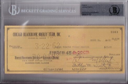 Beckett Arthur Wirtz Signed 1962 Chicago hawks Official Check #5563 - NHL Photomints and Coins in Saudi Arabia
