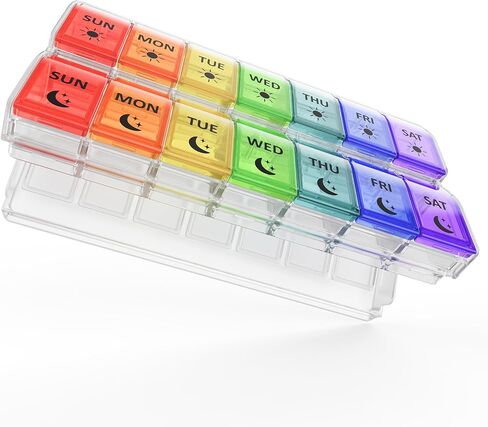 منظم حبوب الدواء ذو ​​سعة كبيرة من فوليكون مرتين في اليوم، منظم حبوب الدواء سريع التعبئة، صندوق حبوب الدواء، صندوق حبوب السفر، منظم الدواء، علبة حبوب الدواء الأسبوعية صباحًا ومساءً (قوس قزح شفاف) في انتظار الحصول على براءة اختراع in Kuwait