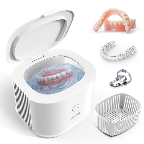Phniti Retainer Cleaner Machine, 46kHz Professional Portable Ultrasonic Jewelry Cleaner for Dental Use, Mouth Guard, Watch, Ring, Jewelry Cleaners Machine - Household Use, White in Saudi Arabia