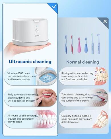 Phniti Retainer Cleaner Machine, 46kHz Professional Portable Ultrasonic Jewelry Cleaner for Dental Use, Mouth Guard, Watch, Ring, Jewelry Cleaners Machine - Household Use, White in Saudi Arabia