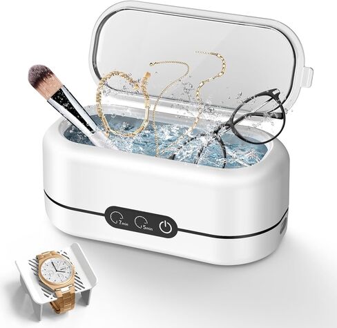 منظف ​​المجوهرات بالموجات فوق الصوتية، آلة تنظيف بالموجات فوق الصوتية المحمولة 48 كيلو هرتز للنظارات والقلائد والخواتم وحزام الساعة وفرشاة المكياج وأوضاع التنظيف المزدوجة - أبيض نقي in Kuwait