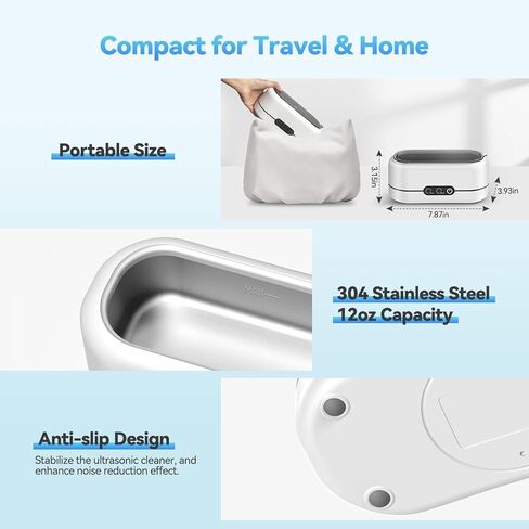 منظف ​​المجوهرات بالموجات فوق الصوتية، آلة تنظيف بالموجات فوق الصوتية المحمولة 48 كيلو هرتز للنظارات والقلائد والخواتم وحزام الساعة وفرشاة المكياج وأوضاع التنظيف المزدوجة - أبيض نقي in Kuwait