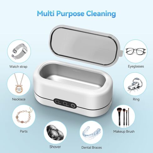 منظف ​​المجوهرات بالموجات فوق الصوتية، آلة تنظيف بالموجات فوق الصوتية المحمولة 48 كيلو هرتز للنظارات والقلائد والخواتم وحزام الساعة وفرشاة المكياج وأوضاع التنظيف المزدوجة - أبيض نقي in Kuwait