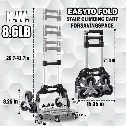 عربة تسلق السلالم، سعة 330 رطل قابلة للطي لتسلق السلالم، عربة للسلالم مع سلك بنجي وعجلات دوارة حقيبة تسوق 50 لتر، شاحنات يدوية لنقل التسوق، الاستخدام المكتبي in Kuwait