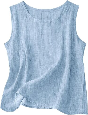 YRAETENM Linen Tank Tops for Women Casual Solid Cotton Blouses Loose Fit Sleeveless Crew Neck Shirts Summer Beach Tee Shirts in Saudi Arabia