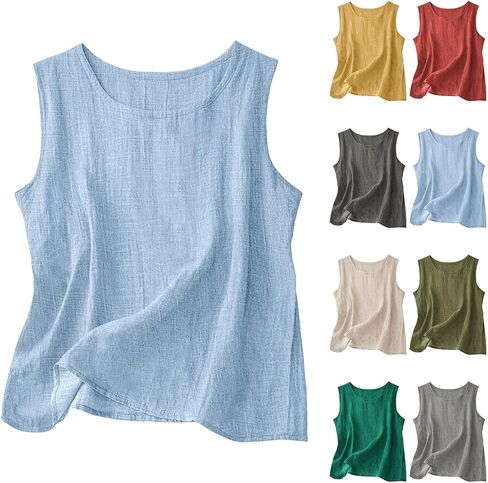 YRAETENM Linen Tank Tops for Women Casual Solid Cotton Blouses Loose Fit Sleeveless Crew Neck Shirts Summer Beach Tee Shirts in Saudi Arabia