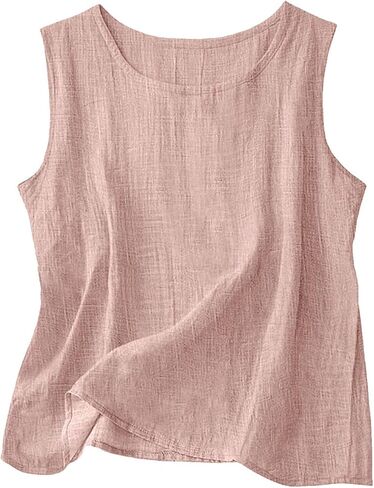 YRAETENM Linen Tank Tops for Women Casual Solid Cotton Blouses Loose Fit Sleeveless Crew Neck Shirts Summer Beach Tee Shirts in Saudi Arabia