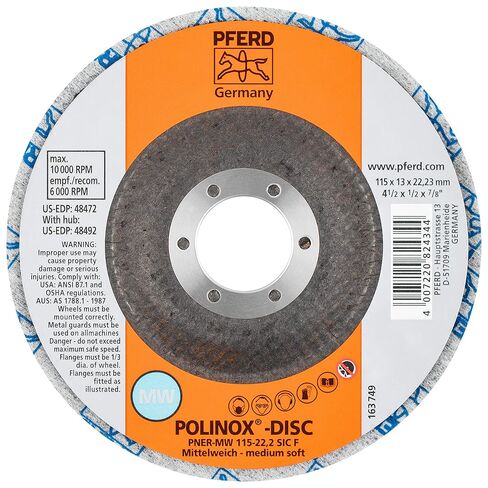 PFERD 48472 POLINOX PNER قرص كاشط غير منسوج موحد، كربيد السيليكون، قطر 4-1/2 بوصة × عرض 1/2 بوصة، فتحة أربور 7/8 بوصة، حبيبات دقيقة، 10000 دورة في الدقيقة in Saudi Arabia