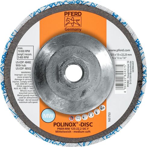 PFERD 48502 POLINOX PNER Unitized Non-Woven Abrasive Disc, Silicon Carbide, 5" Diameter x 1/2" Width, 5/8-11 Arbor Hole, Fine Grit, 10000 RPM in Saudi Arabia