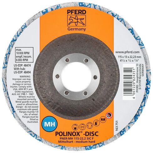 PFERD 48474 POLINOX PNER Unitized Non-Woven Abrasive Disc, Silicon Carbide, 4-1/2" Diameter x 1/2" Width, 7/8" Arbor Hole, Fine Grit, 10000 RPM in Saudi Arabia