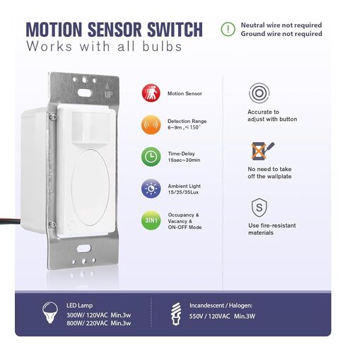 RAYZEEK 2 Pack PIR Motion Sensor Light Switch,Occupancy Sensor Switch | 5Amp | Sigle-Pole | No Neutral Required, Operable Without Ground Wire,PC Fireproof,UL Listed in Saudi Arabia