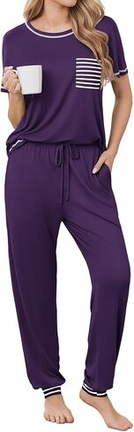 مجموعات Ekouaer Pajama للمرأة قصيرة الأكمام PJS مجموعة 2 قطعة ملابس نوم مع سروال طويل الركض in Saudi Arabia
