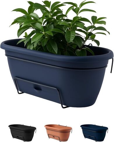 صندوق زرع للشرفة من الراتنج ذاتي السقي مقاس 45.72 سم من Bloem Lucca مع شماعة معدنية للسور، باللون الأزرق الداكن in Kuwait