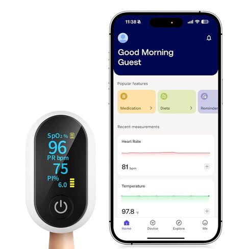 مقياس التأكسج النبضي بتقنية البلوتوث، جهاز مراقبة تشبع الأكسجين في الدم الذكي مع تطبيق للرياضة والطيران، SpO2 دقيق وقارئ معدل ضربات القلب مع شاشة OLED كاملة، مؤشر التروية، البطاريات متضمنة in Kuwait