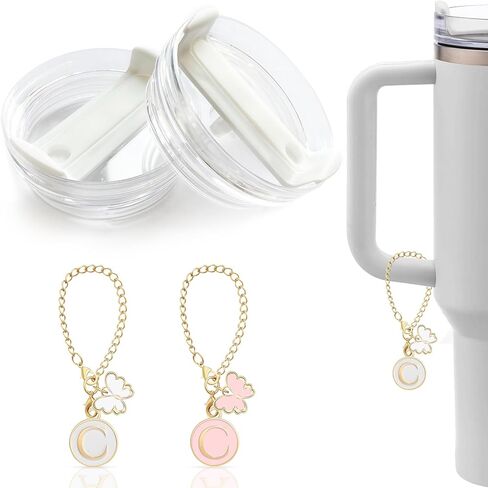 2 Pack Replacement Lids for 40 oz Stanley Tumbler, Spill-Proof & Splash-Resistant Clear Tumbler Covers with Straw Opening + Sliding Button, Includes Tumbler Charms for Personalization (A) in Saudi Arabia