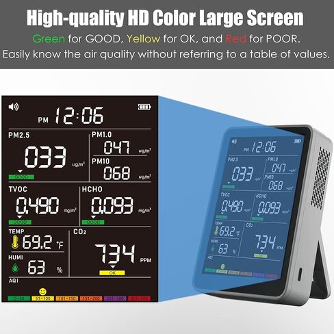 Professional Indoor Air Quality Monitor with AQI Alerts, Portable Real-Time Detector for Home, Car, Plants & Pet in Kuwait