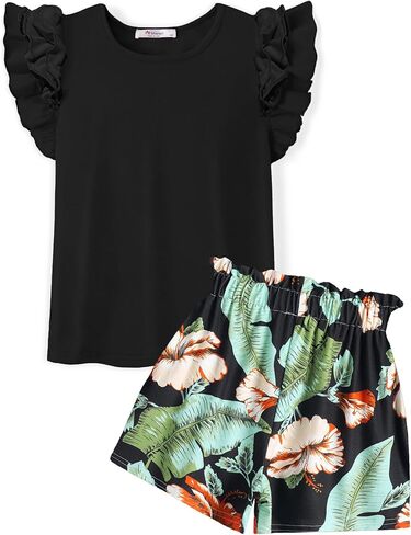 Arshiner Girls 2 Piece Outfits Summer Clothes Ruffle Short Sleeve Shirts Top and High Waist Paper Bag Shorts Set with Pockets in Saudi Arabia