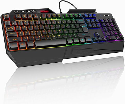TECKNET Wired RGB Gaming Keyboard - 26-Key Anti-Ghosting, 13 Lighting Modes, Spill-Resistant, 108 Membrane Keys, Plug & Play - with Ergonomic Wrist Rest & Phone Holder for Windows/Mac (Black) in Saudi Arabia