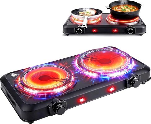 2000W Hot Plate,Portable Electric Stove Countertop Double Burner Infrared Burner with 7.5" & 6.3" Ceramic Glass Cooktop Stepless Temperature Adjustments for Home in Kuwait