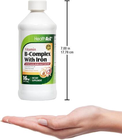 HealthA2Z® Liquid Vitamin B-Complex Plus Iron Supports Healthy Energy Levels* | Healthy Blood Function* | Promotes Healthy Nerve Function* | Natural Orange Flavored | 16oz (473ml) in Saudi Arabia