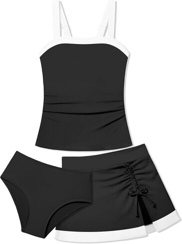 Girls Tankini Swimsuit 3 Piece Color Block Bathing Suits with Drawstring Cover Up Slit Skirt Girls' Swimwear 9-16T in Kuwait