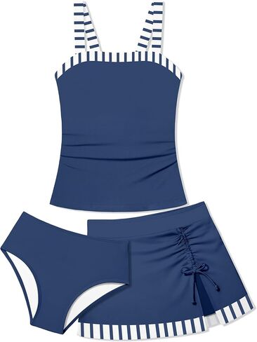 Girls Tankini Swimsuit 3 Piece Color Block Bathing Suits with Drawstring Cover Up Slit Skirt Girls' Swimwear 9-16T in Saudi Arabia