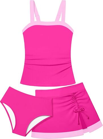 Girls Tankini Swimsuit 3 Piece Color Block Bathing Suits with Drawstring Cover Up Slit Skirt Girls' Swimwear 9-16T in Saudi Arabia