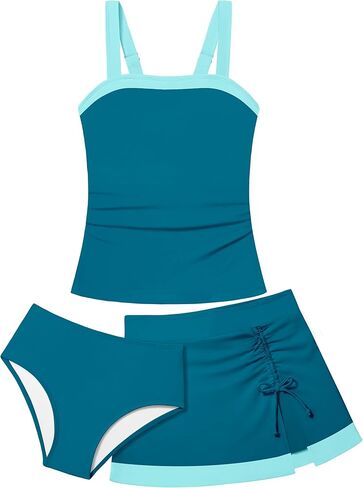 Girls Tankini Swimsuit 3 Piece Color Block Bathing Suits with Drawstring Cover Up Slit Skirt Girls' Swimwear 9-16T in Saudi Arabia
