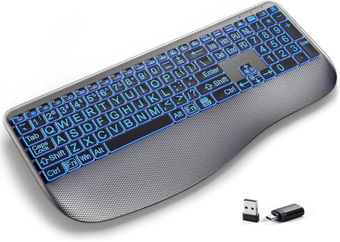 Large Print Backlit Wireless Keyboard – Silent Keyboards with Wrist Rest, 7-Color Light up, Quiet Low Profile Keys, 2.4G Wireless Rechargeable Full Size Keypad for Computer Laptop Windows Mac, Black in Kuwait