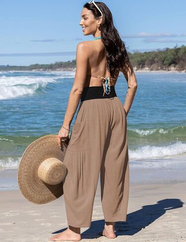 TARSE Womens Linen Wide Leg Pants Casual Loose Elastic Waist Beach Travel Vacation Palazzo Harem Pants with Pockets in Kuwait