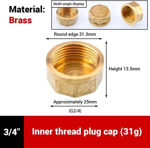 10PCS G3/4 Brass Pipe Cap, Female Thread Plug, Valve Cap for Water/Gas Lines, 3/4" Male Thread Seal, Closing Pipe End, 145psi Pressure Rating in Saudi Arabia