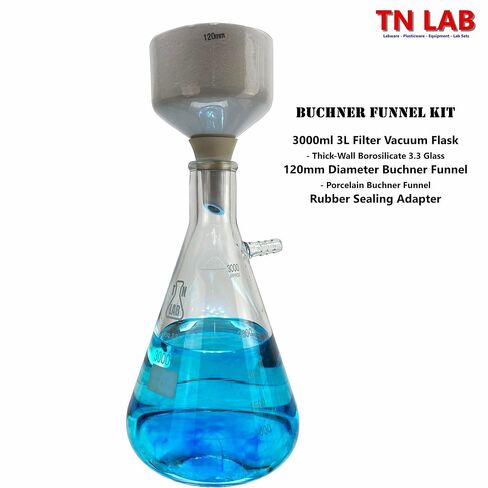 مجموعة قارورة فلتر من TN Lab Buchner، قمع سيراميك بورسلين 120 مم وقارورة مفرغة من زجاج البورسليكات ثقيلة الجدار سعة 3000 مل 3 لتر مع محول إغلاق in Saudi Arabia