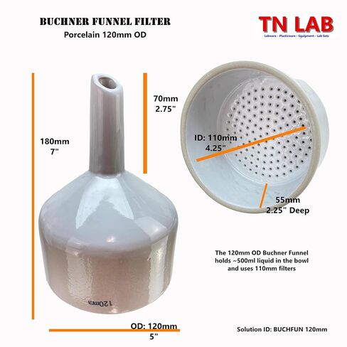 مجموعة قارورة فلتر من TN Lab Buchner، قمع سيراميك بورسلين 120 مم وقارورة مفرغة من زجاج البورسليكات ثقيلة الجدار سعة 3000 مل 3 لتر مع محول إغلاق in Saudi Arabia