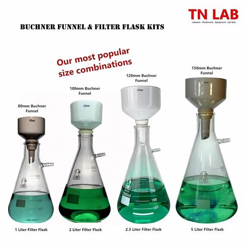 مجموعة قارورة فلتر من TN Lab Buchner، قمع سيراميك بورسلين 120 مم وقارورة مفرغة من زجاج البورسليكات ثقيلة الجدار سعة 3000 مل 3 لتر مع محول إغلاق in Saudi Arabia