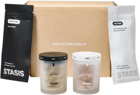 مجموعة Stasis النهارية والليدية - مكملات الطاقة والتركيز + كبسولات الهادئة والنوم للاقتران مع المنشط - تعزيز الطاقة الطبيعية دون توترات وتسخير المغنيسيوم للنوم (25 حصص) in Kuwait
