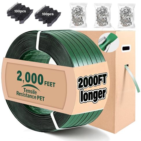 FoundGo بطول 2000 قدم 5/8 بوصة 0.035 بوصة من البوليستر الأسود (PET) من الدرجة الصناعية> 1500 رطل قوة كسر قوية مقاومة للماء منقوشة ومقاومة للصدأ مع صندوق قابل للسحب، 200 واقي زاوية، 450 سدادة in Kuwait