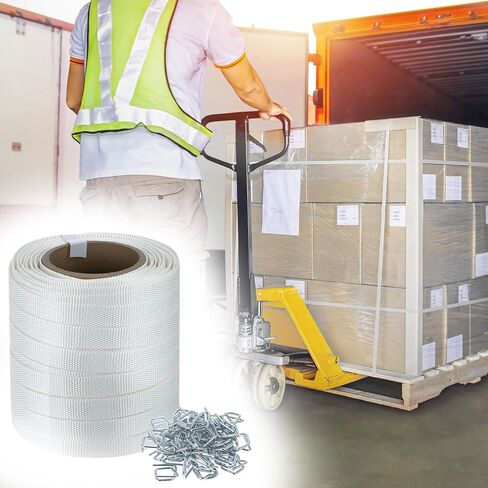 QWORK Woven Cord Strapping Kit - 3/4" x 330' Heavy Duty Polyethylene Braided Rope Strap Roll with 50 Metal Wire Buckles, 2200 lbs Break Strength, for Securing Heavyweight Loads in Saudi Arabia