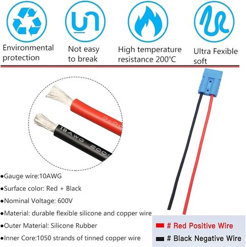 موصل بطارية CESFONJER 50A، موصل بطارية سريع التوصيل/فصل سريع 600 فولت، مع سلك سيليكون 25 سم 10AWG (مجموعتان، أزرق) in Kuwait