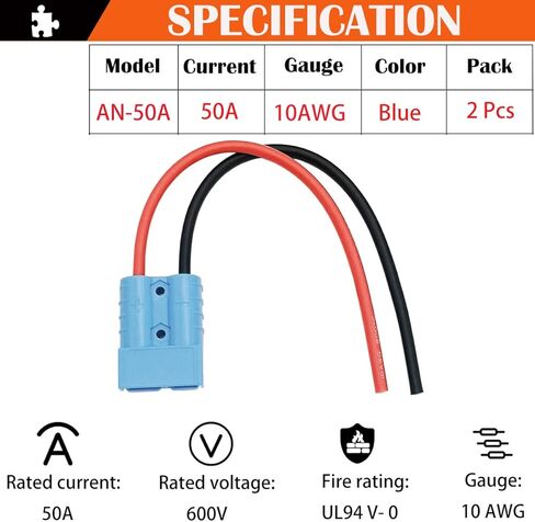 موصل بطارية CESFONJER 50A، موصل بطارية سريع التوصيل/فصل سريع 600 فولت، مع سلك سيليكون 25 سم 10AWG (مجموعتان، أزرق) in Kuwait
