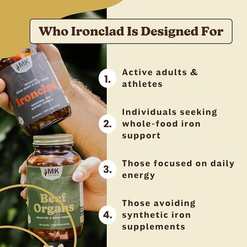 MK Supplements IRONCLAD | Beef Spleen & Bison Heart Capsules | ~58% DV Heme Iron + CoQ10 | No GI Distress | Freeze-Dried | 150 Capsules in Kuwait