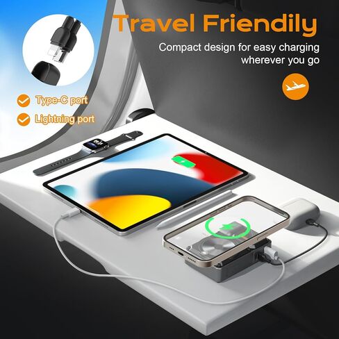 P07 Magnetic Power Bank Charger 10000mah Charger ، 6 في 1 ضفة طاقة لاسلكية صغيرة مع قابس AC قابل للطي ، شحن سريع ، كابل مدمج (منفذ USB-C ومنفذ Lightning) لـ iPhone و Samsung و Andriod in Kuwait