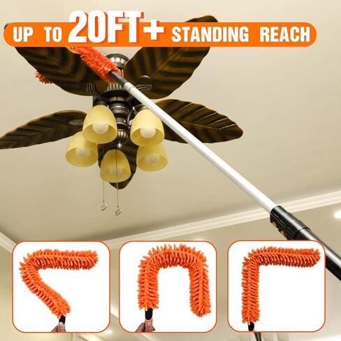 LAANPOLE 26FT Reach Ceiling Fan Cleaner Duster, Fan Blade Cleaner Kit with 5-20FT Extension Pole, Microfiber Duster & Replaceable Cleaning Cloth for Blades, Ceiling, Furniture in Saudi Arabia