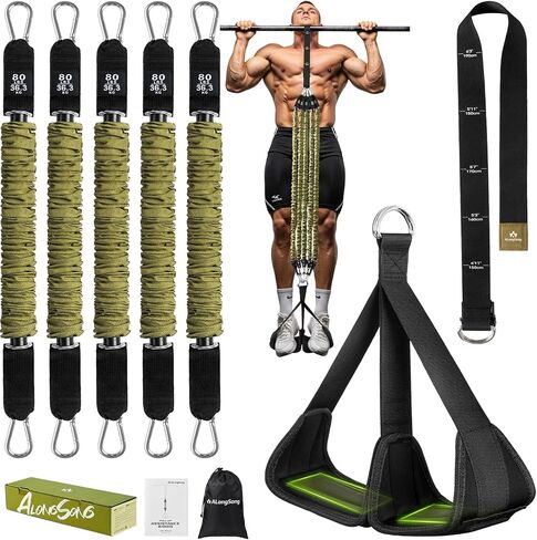 ALongSong Pull Up Assistance Bands with Foot Support Pedal - Upgraded Heavy Duty Resistance Bands Adjustable Weight/Height with 80Lbs Bands&Measured Strap for Strength Training Home Gym in Saudi Arabia
