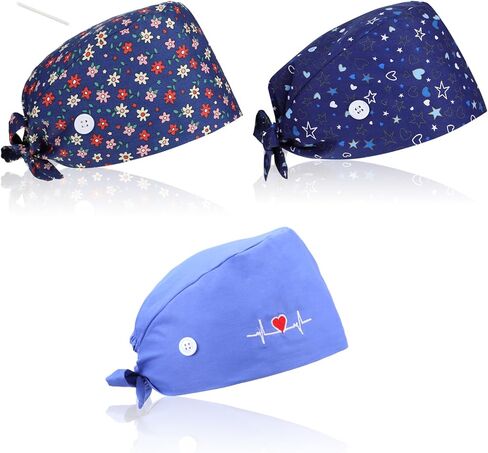 3 Pcs Working Caps Nurse Scrub Hats with Buttons Sweatband Adjustable Elastic Bandage Tie Hats for Women Men Dentist in Saudi Arabia
