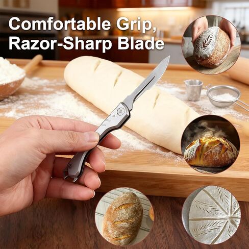 نموذج جديد لعام 2026 من الخبز الفاخر - أداة احترافية قابلة للطي لتسجيل العجين مع شفرات من الفولاذ الكربوني الآمن غذائيًا، و5 شفرات بديلة إضافية، وتصميم آمن ومقبض محكم in Kuwait