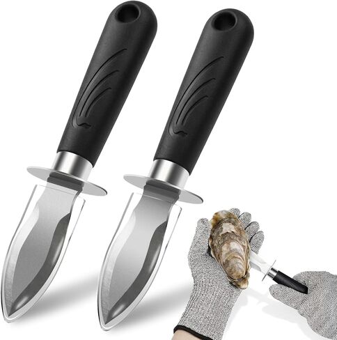 مجموعة سكاكين تقشير المحار - 2 سكين تقشير المحار من الفولاذ المقاوم للصدأ وسكين تقشير المحار مع غمد PVC وقفازات مقاومة للقطع ومجموعة أدوات تقشير المحار لجميع أنواع الأصداف والمحار وسرطان البحر in Kuwait