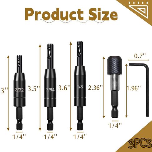 Self-Centering Drill Bit Set - 3 Piece VIX Bits with Hex Key & Bit Holder, 3/32", 7/64", 1/8" Center Hinge Drill Bits, 1/4" Hex Shank for Precision Pilot Holes in Kuwait
